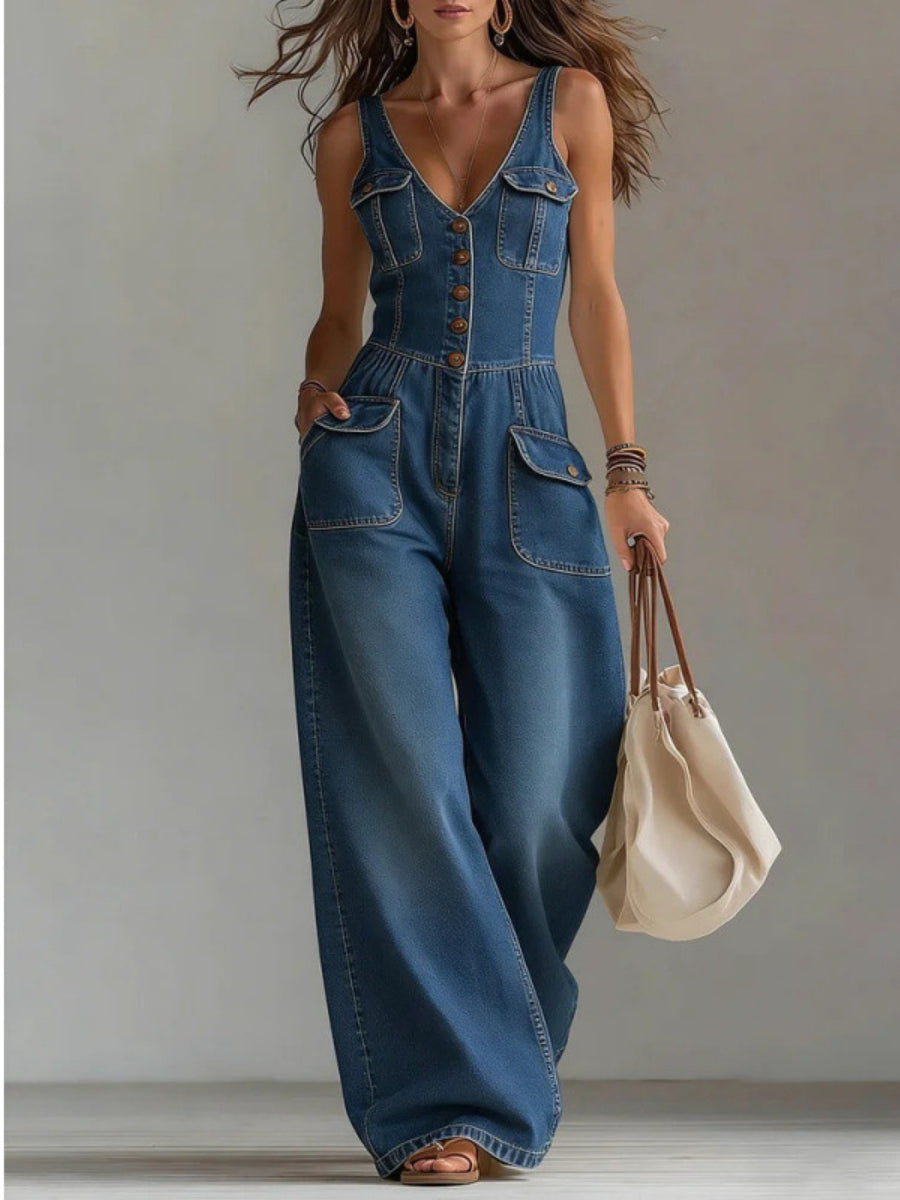 Casual Sleeveless Denim Pocket Jumpsuit